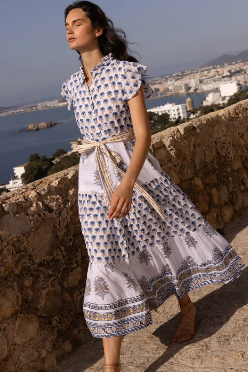 Ruffle Collar Button Maxi- Lotus Navy