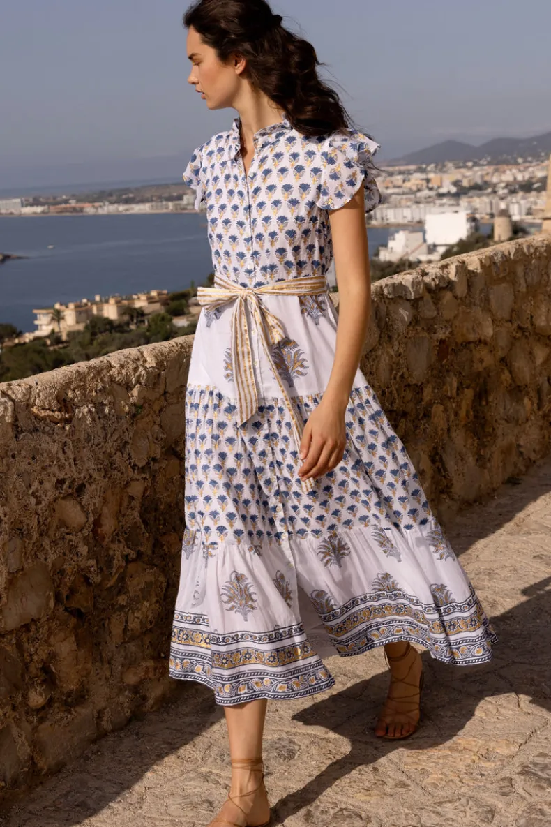 Ruffle Collar Button Maxi- Lotus Navy