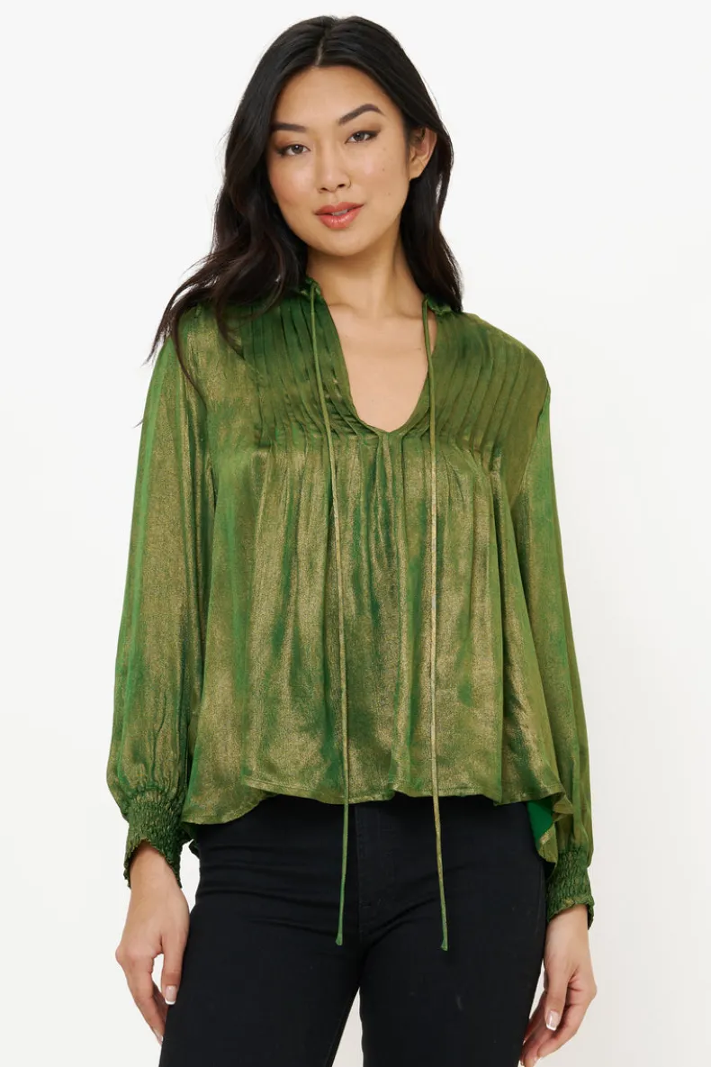 V-Neck Pintuck Blouse- Cairo Green