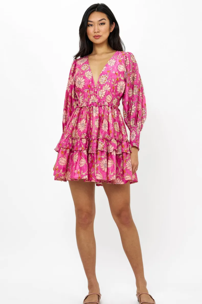 Smocked Waist V-Neck Mini- Presidio Magenta