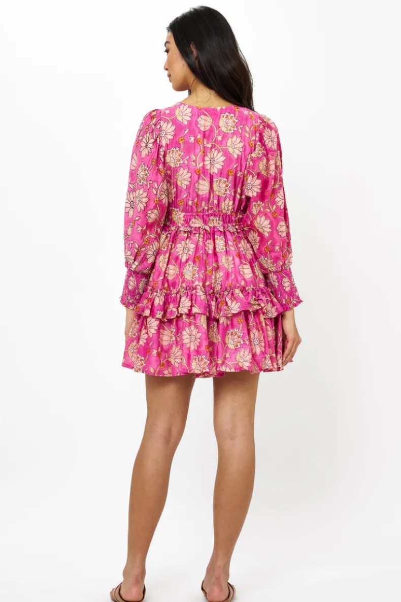 Smocked Waist V-Neck Mini- Presidio Magenta