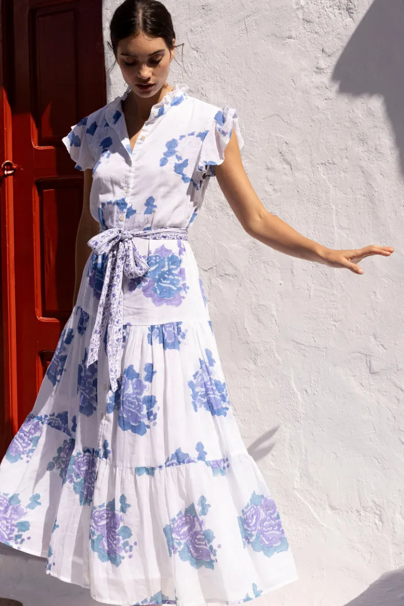 Ruffle Collar Button Maxi- Portofino Blue