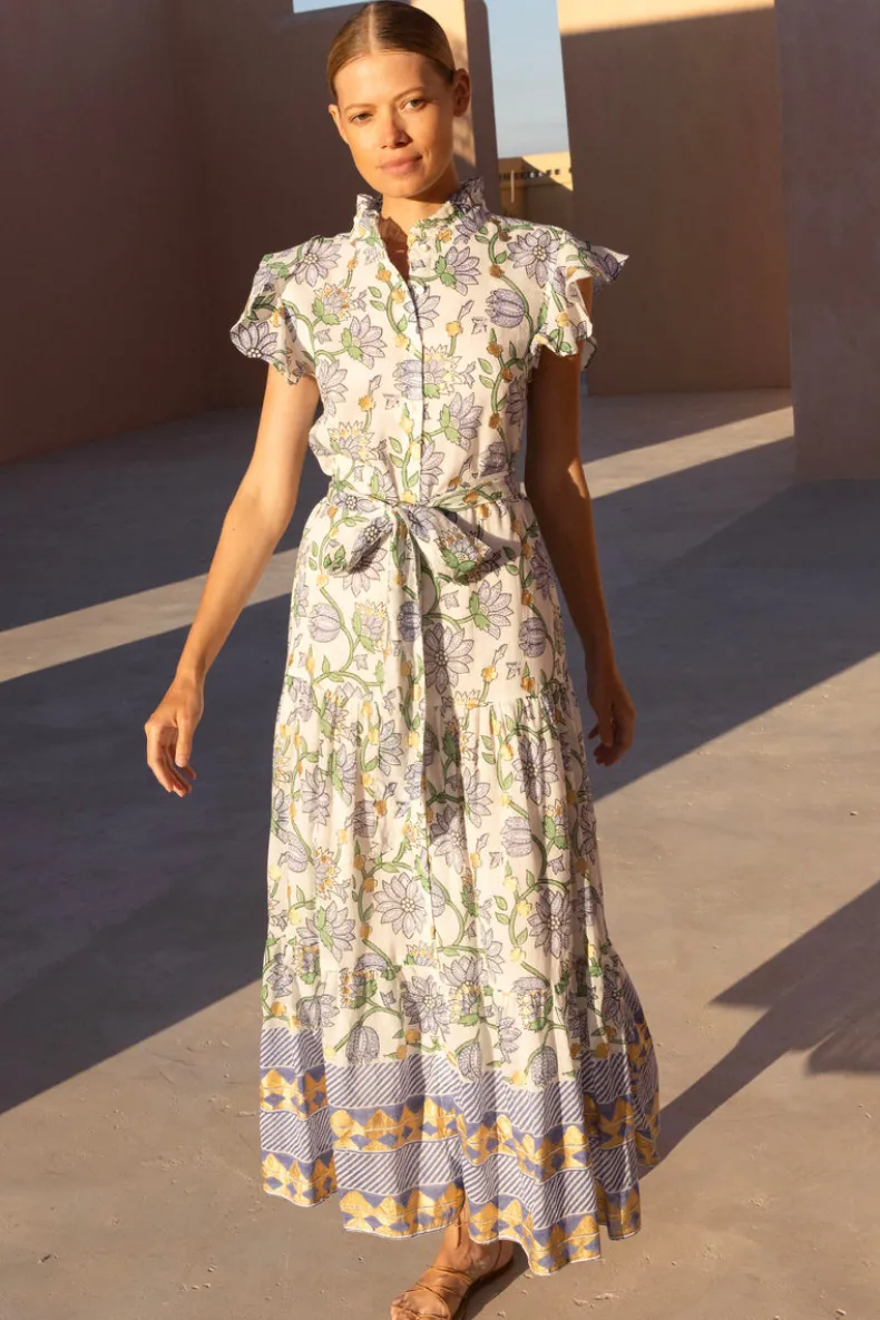 Ruffle Collar Button Maxi- Presidio Blue