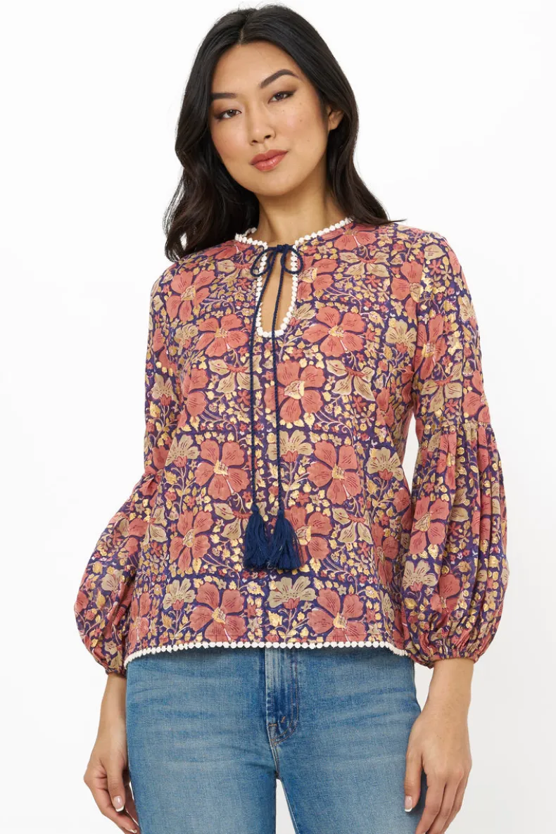 Balloon Sleeve Tie Top- Matera Navy