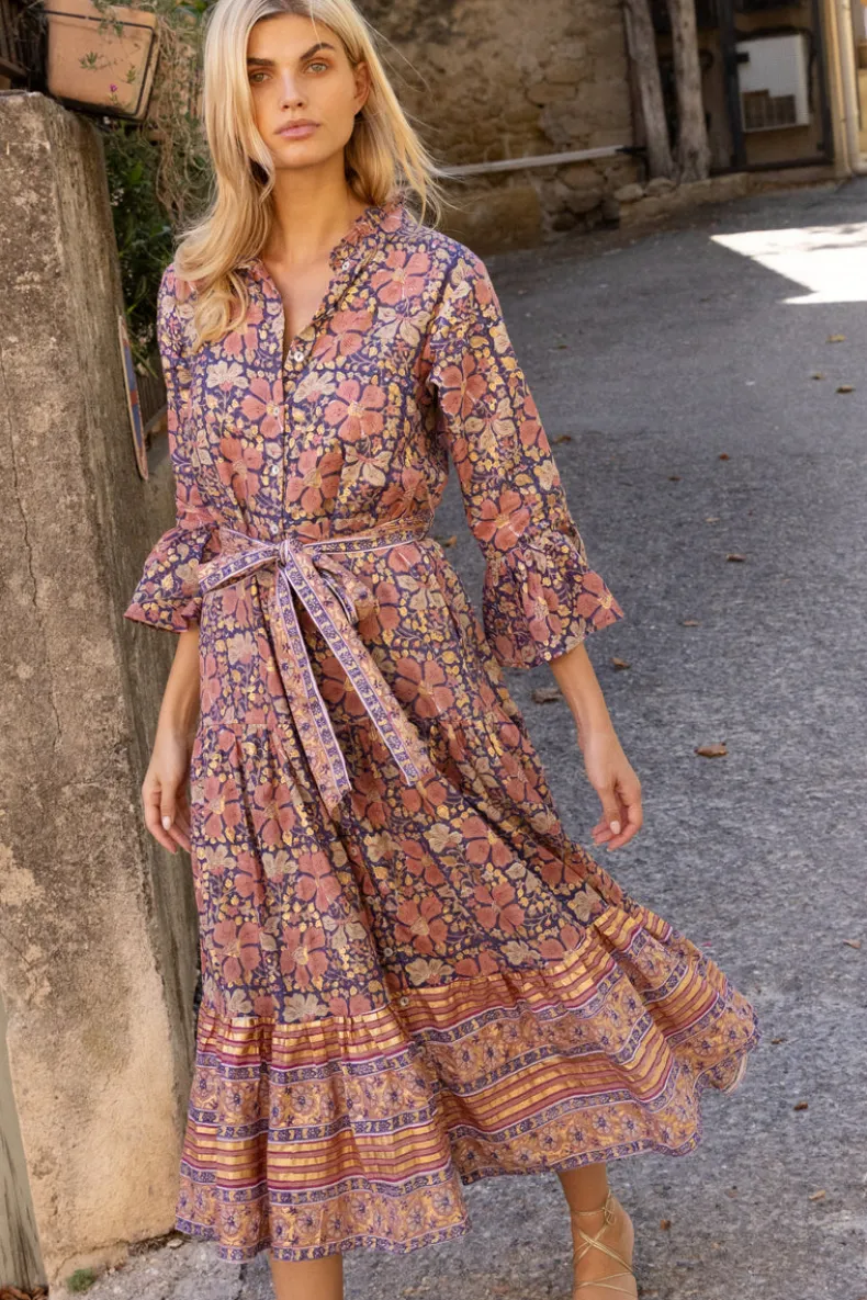 Ruffle Collar Bell Maxi- Matera Navy