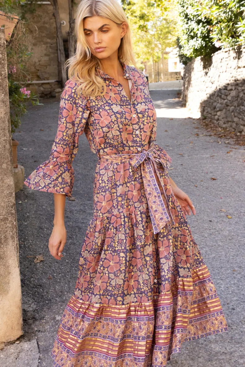 Ruffle Collar Bell Maxi- Matera Navy