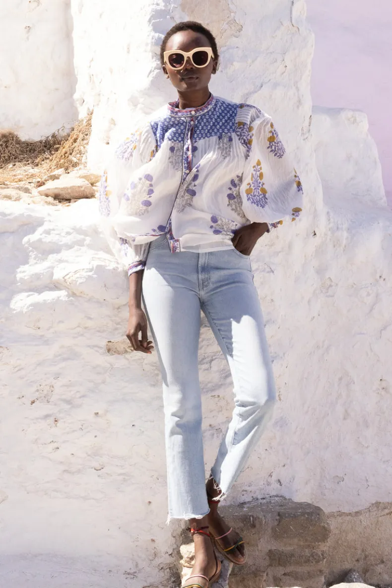 Mandarin Pintuck Blouse- Napa Blue