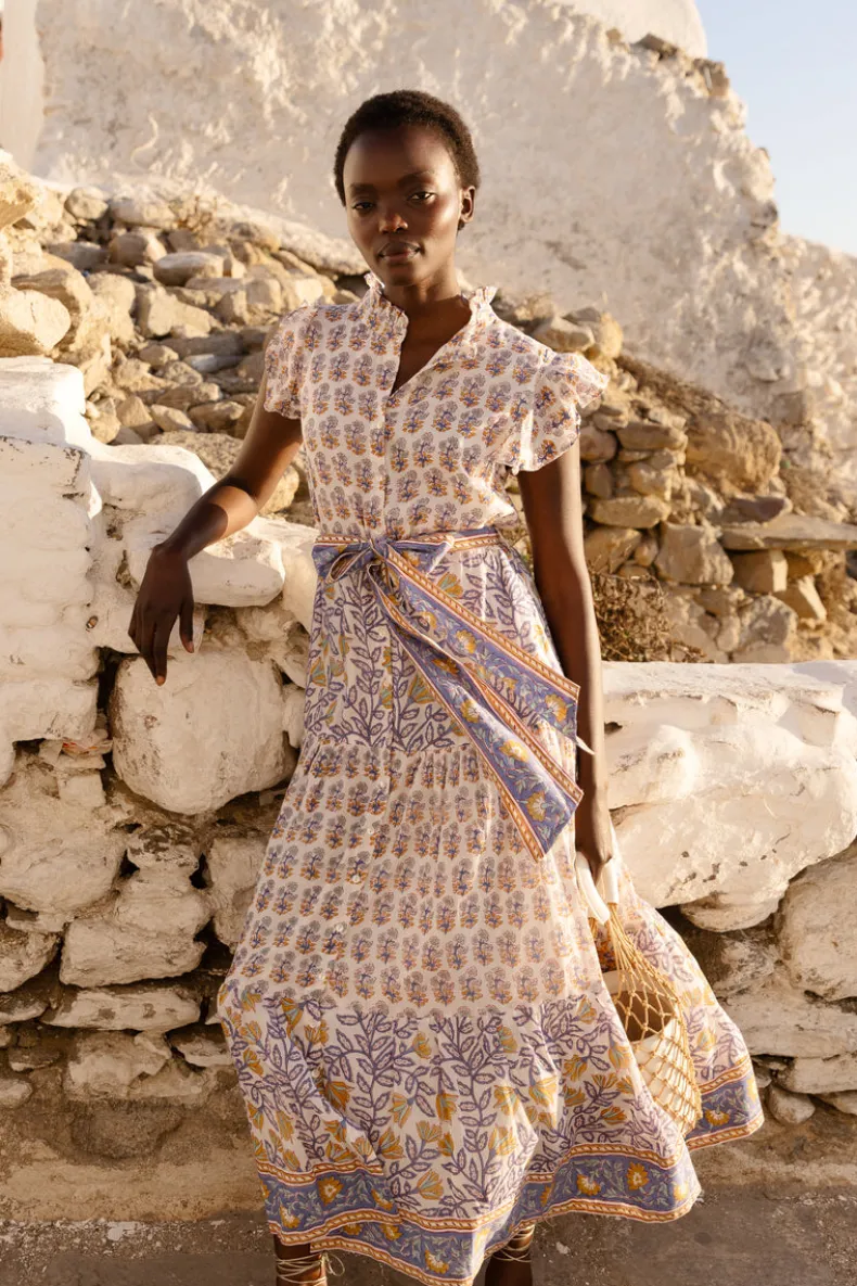 Ruffle Collar Button Maxi- Napa Blue