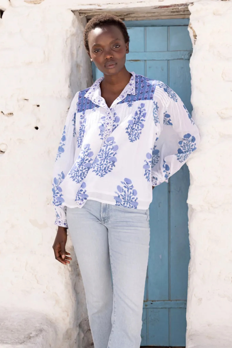 Mandarin Pintuck Blouse- Salvia Blue