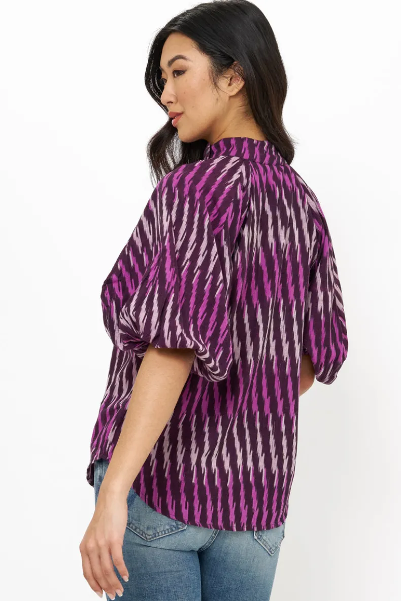 Button Neck Blouse- Ikat Purple