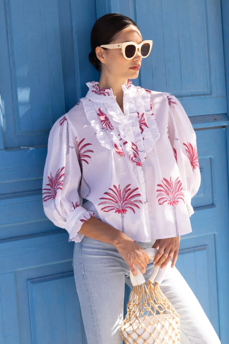 Ruffle Front Button Blouse- Canary Coral