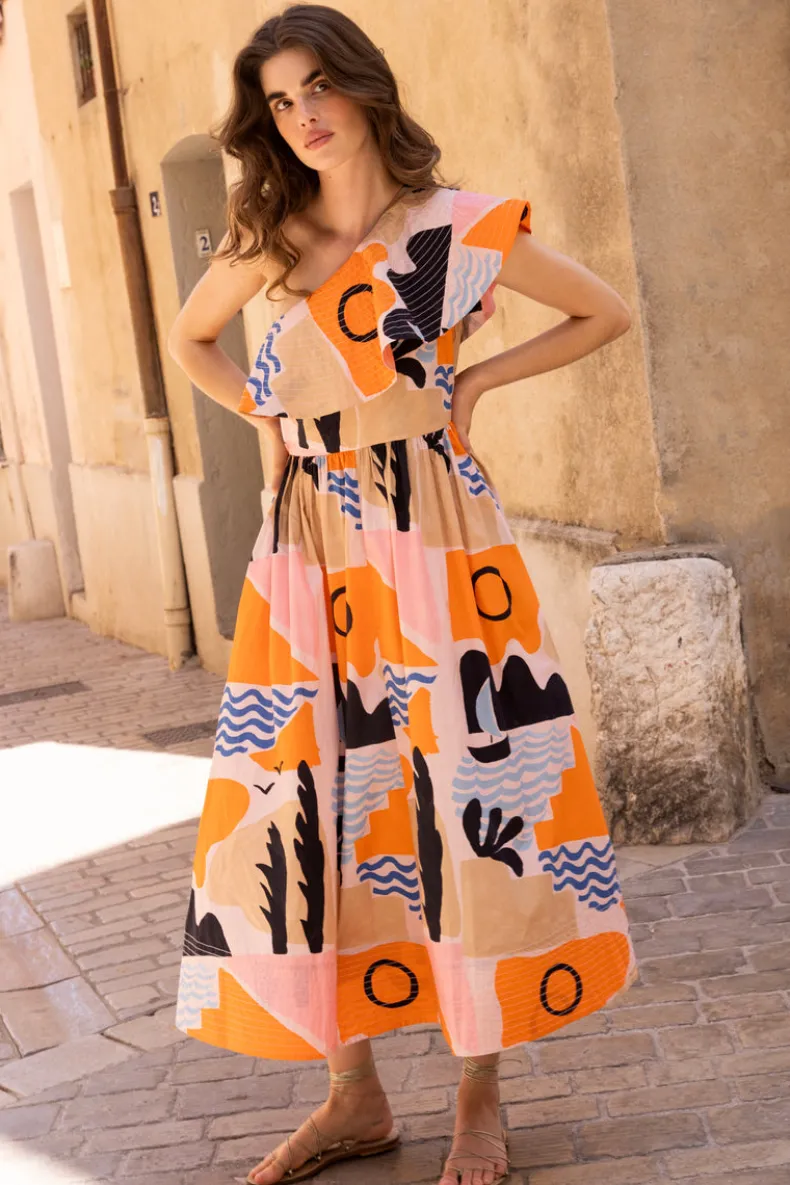 One Shoulder Ruffle Maxi- Riviera Orange