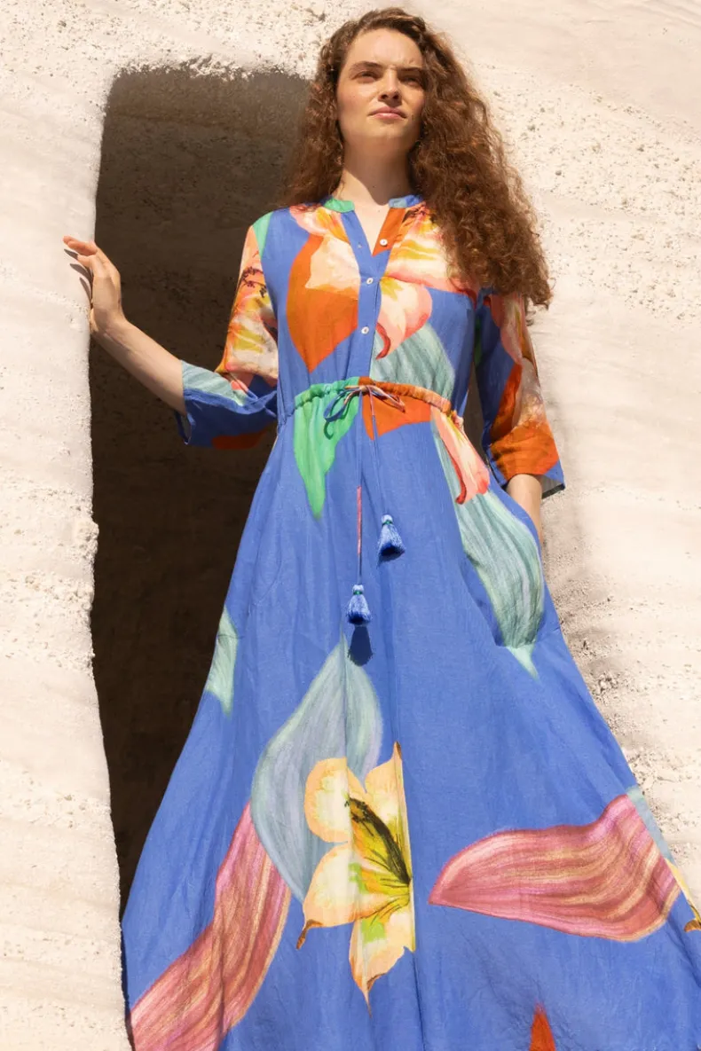 Cinched Shirt Dress Maxi- Hibiscus Blue