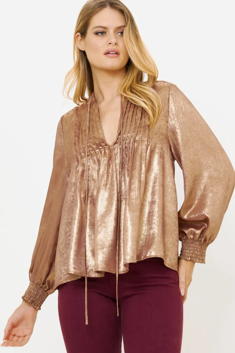 V-Neck Pintuck Blouse- Cairo Gold