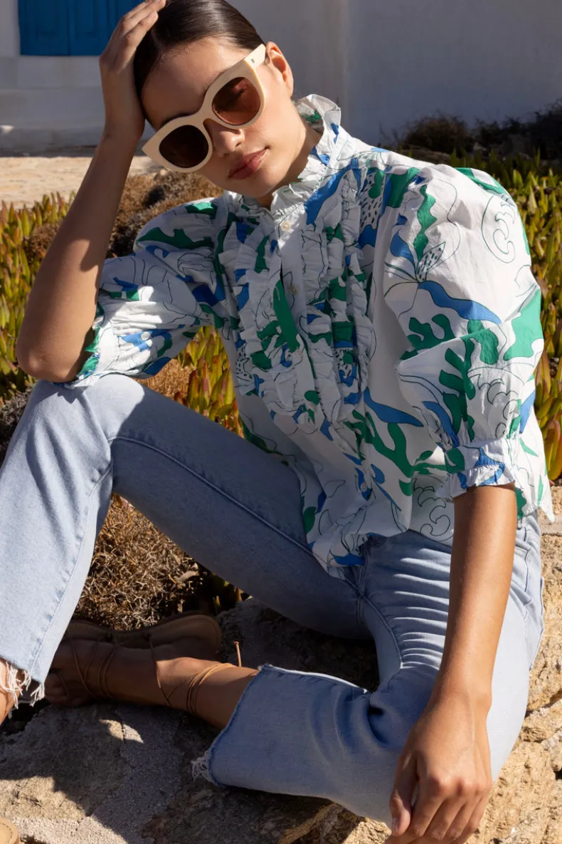 Ruffle Front Button Blouse- Orchid Green