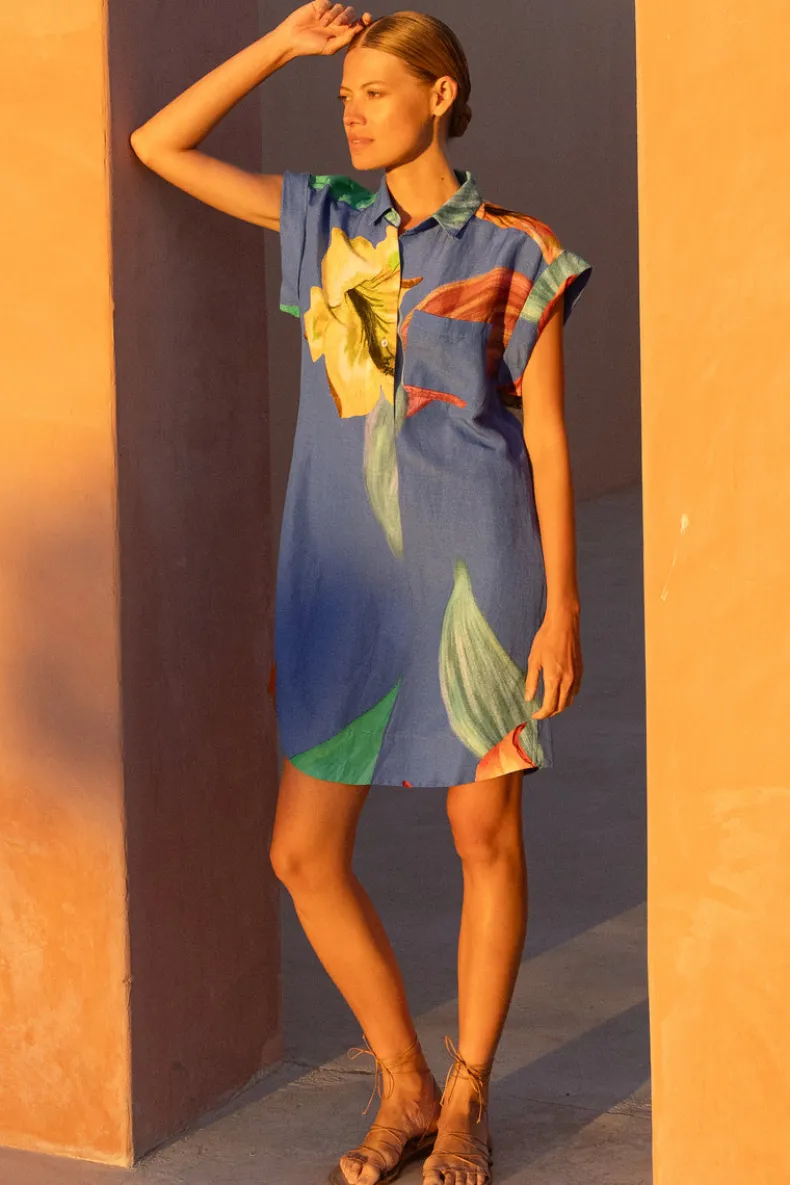 Shirt Dress Mini- Hibiscus Blue