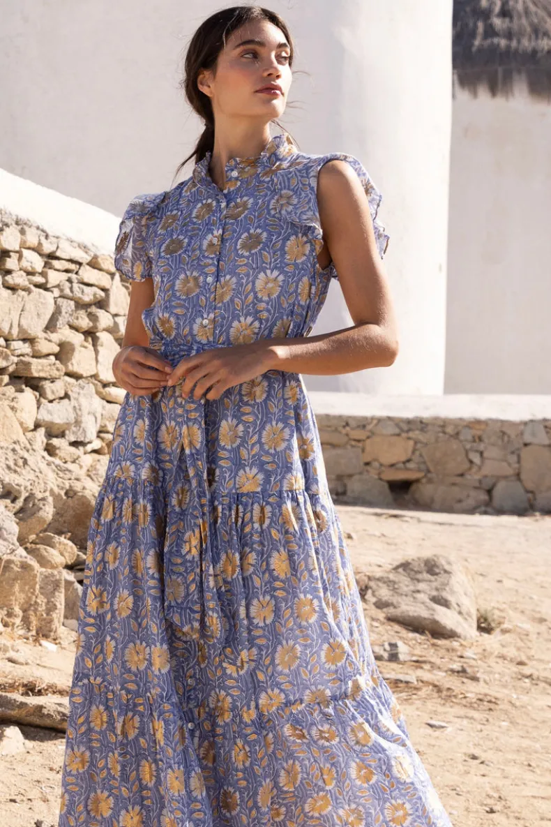Ruffle Collar Button Maxi- Mughal Blue