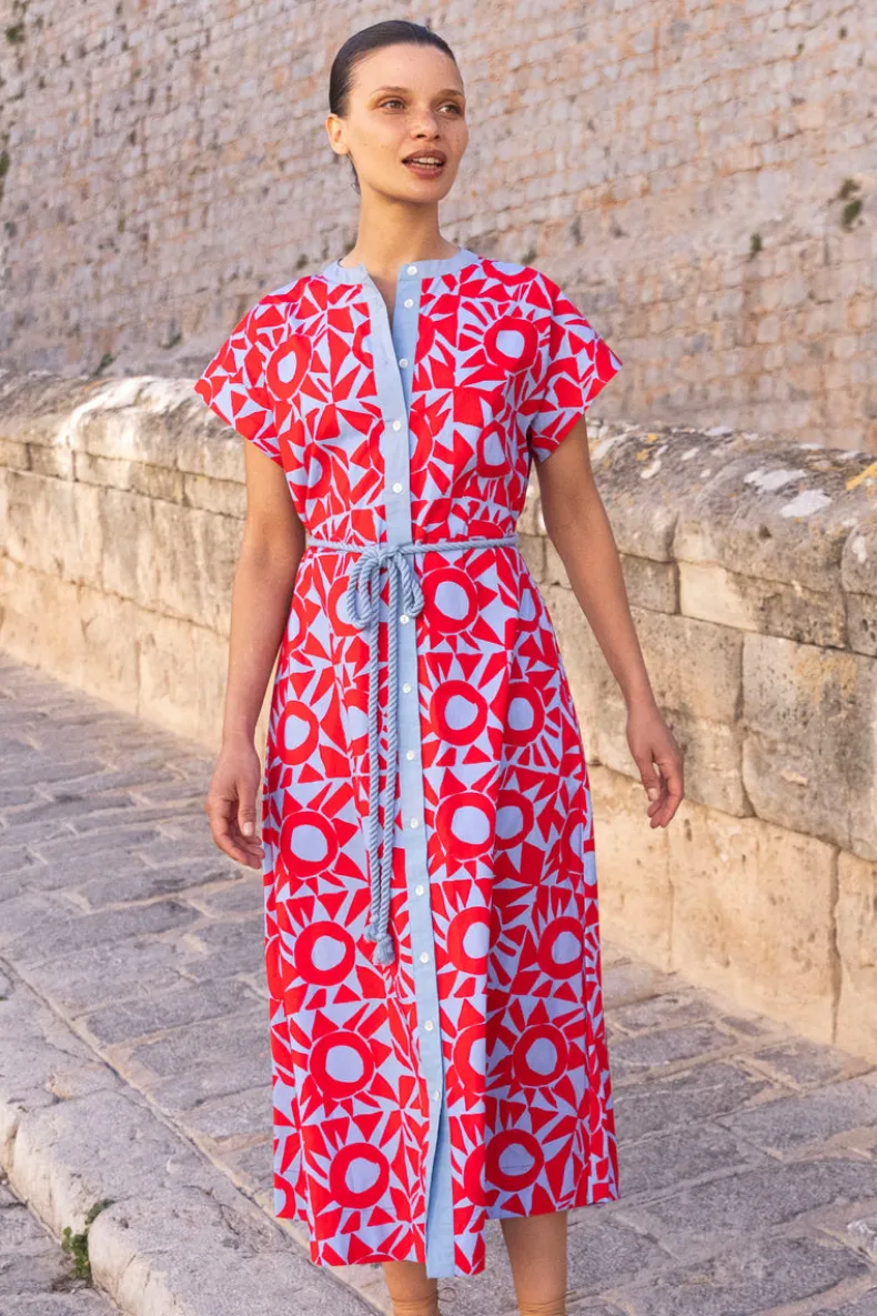 Cap Sleeve Shirt Dress Midi- Eclipse Red