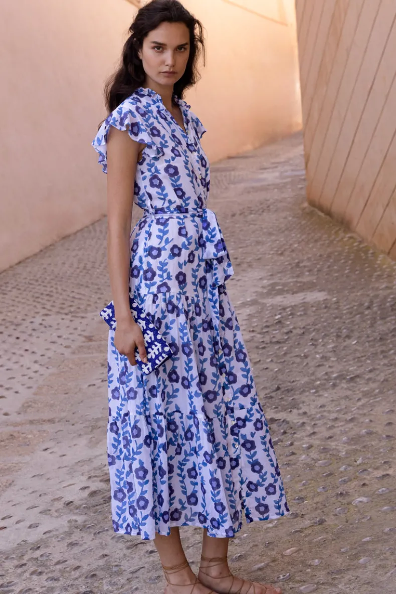 Ruffle Collar Button Maxi- Toscana Blue
