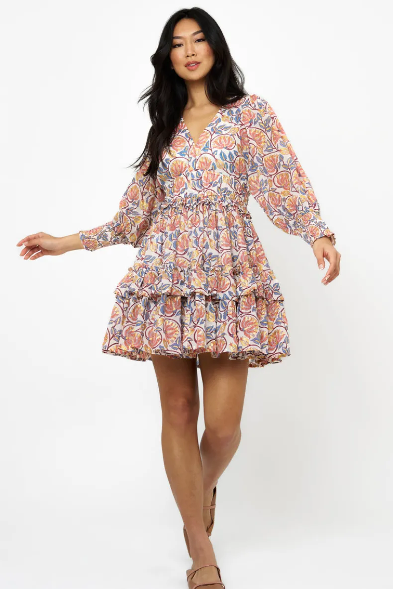 Smocked Waist V-Neck Mini- Montenegro Coral